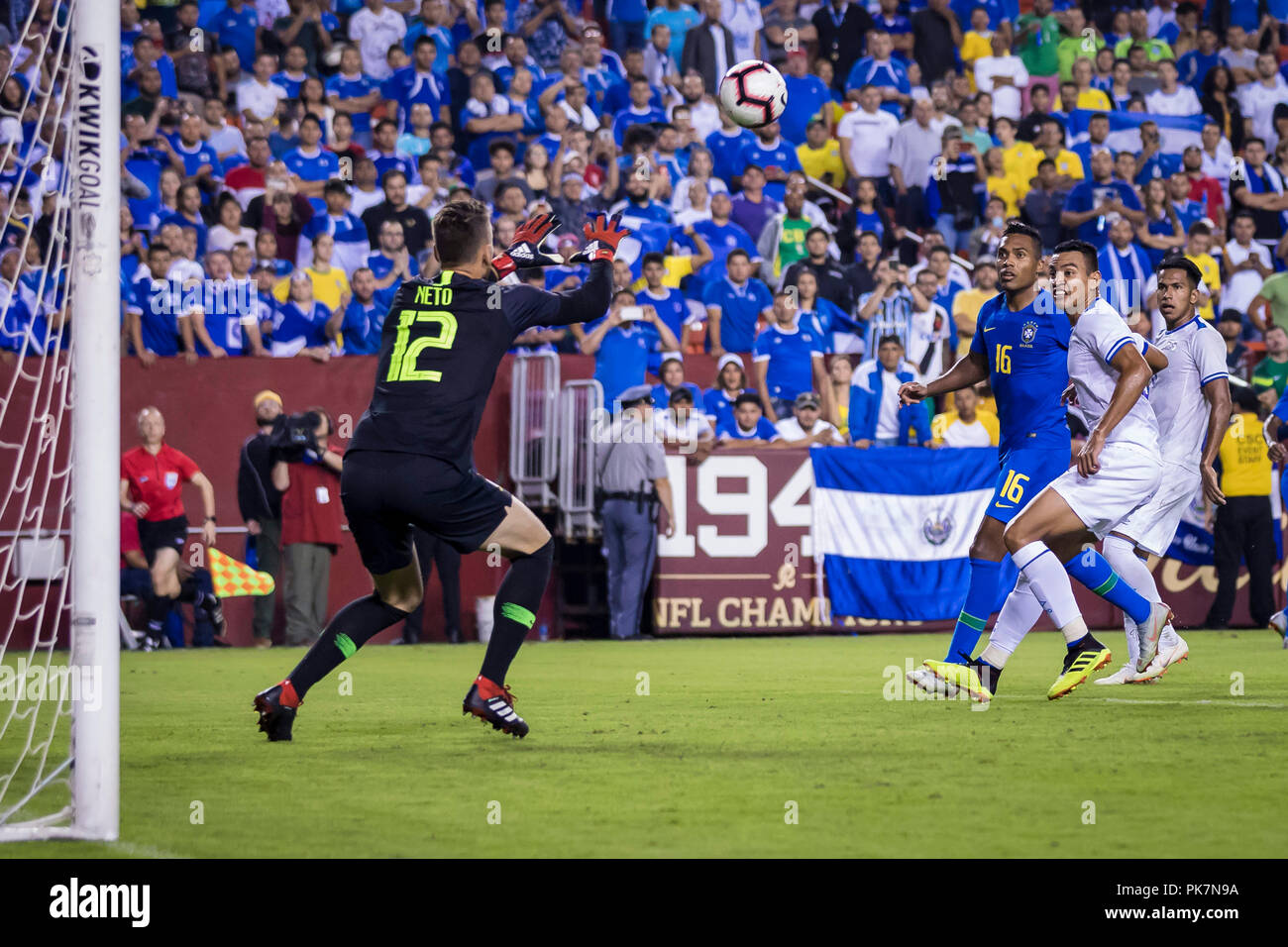 Landover, Maryland, USA. 11th Sep, 2018. Brazil goalkeeper Neto (12) makes a save during the second half of an International Friendly match between Brazil and El Salvador at FedExField in Landover, Maryland. Scott Taetsch/CSM/Alamy Live News Stock Photo