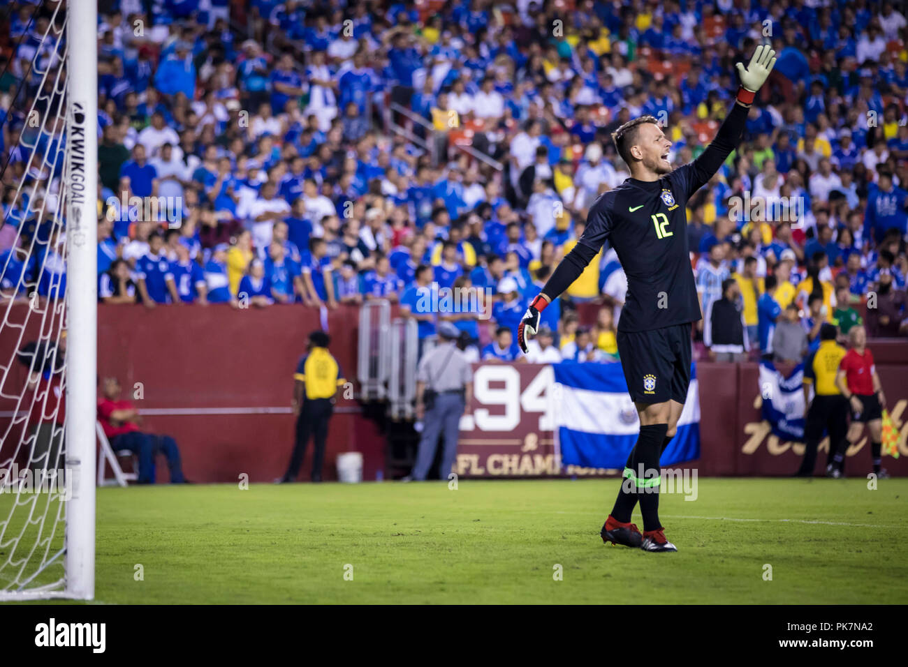 Landover, Maryland, USA. 11th Sep, 2018. Brazil goalkeeper Neto (12) reacts during the second half of an International Friendly match between Brazil and El Salvador at FedExField in Landover, Maryland. Scott Taetsch/CSM/Alamy Live News Stock Photo