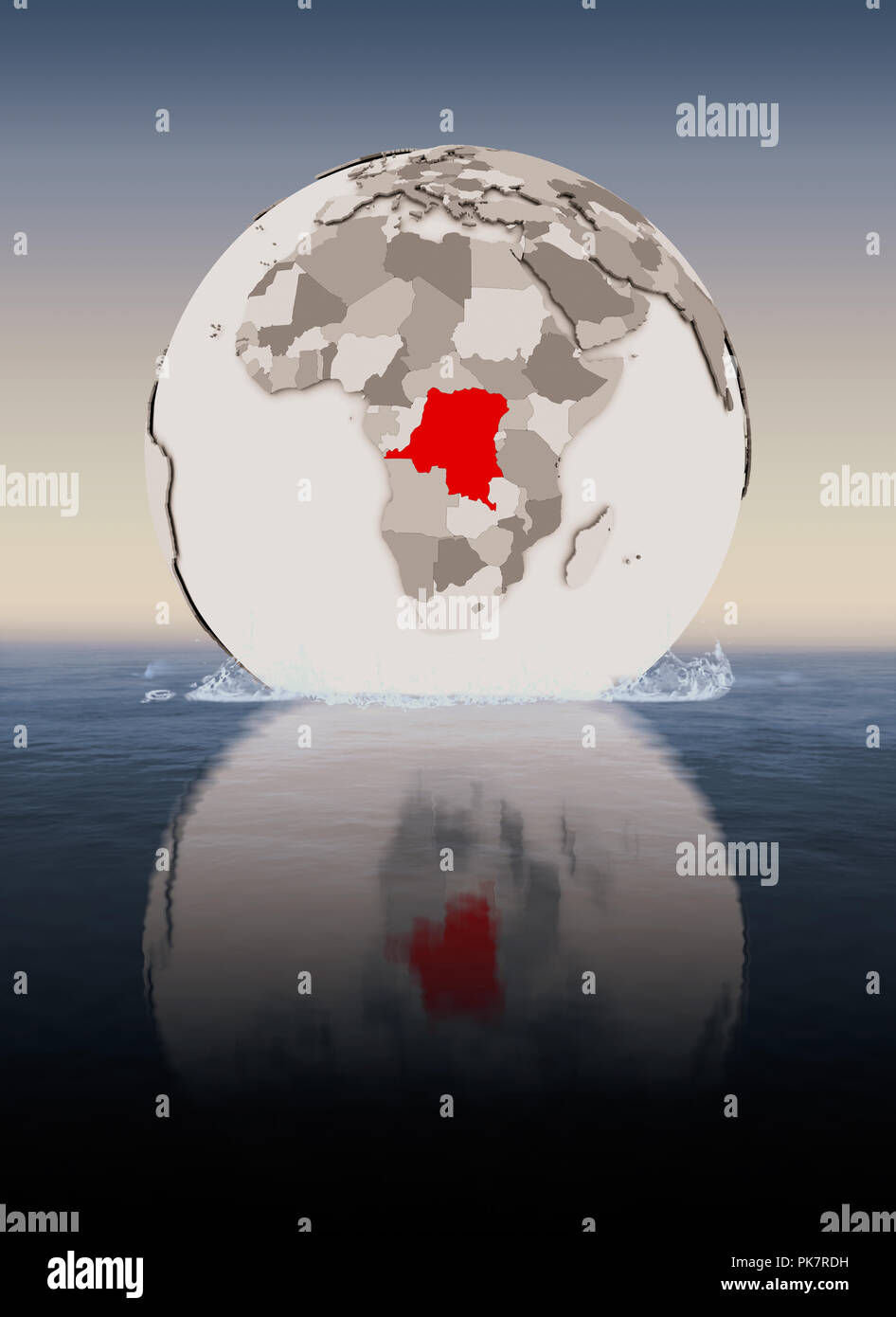 Democratic Republic of Congo In red on globe floating in water. 3D ...