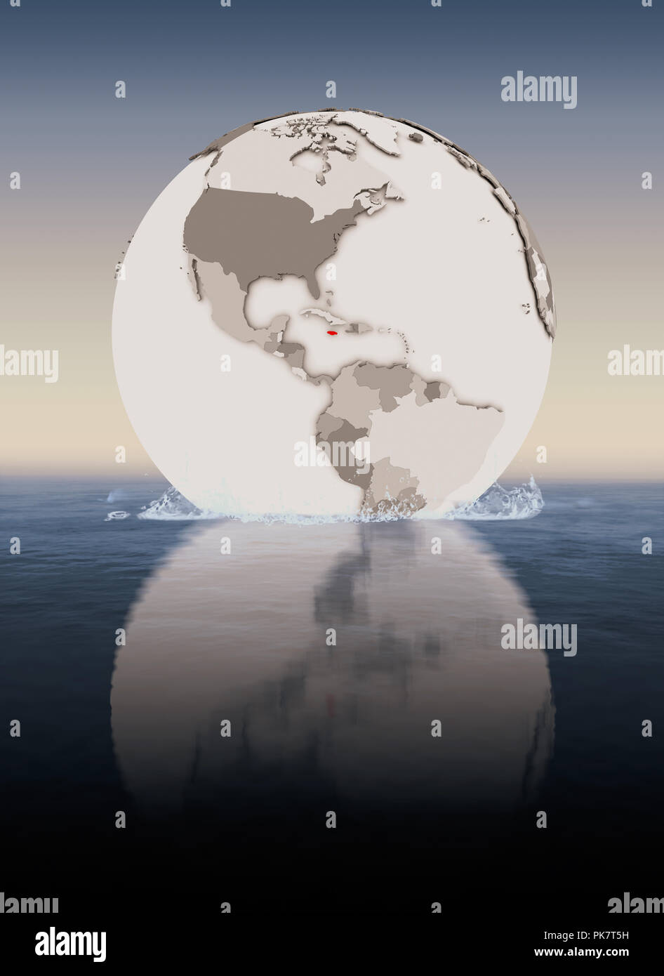 Jamaica In red on globe floating in water. 3D illustration. Stock Photo