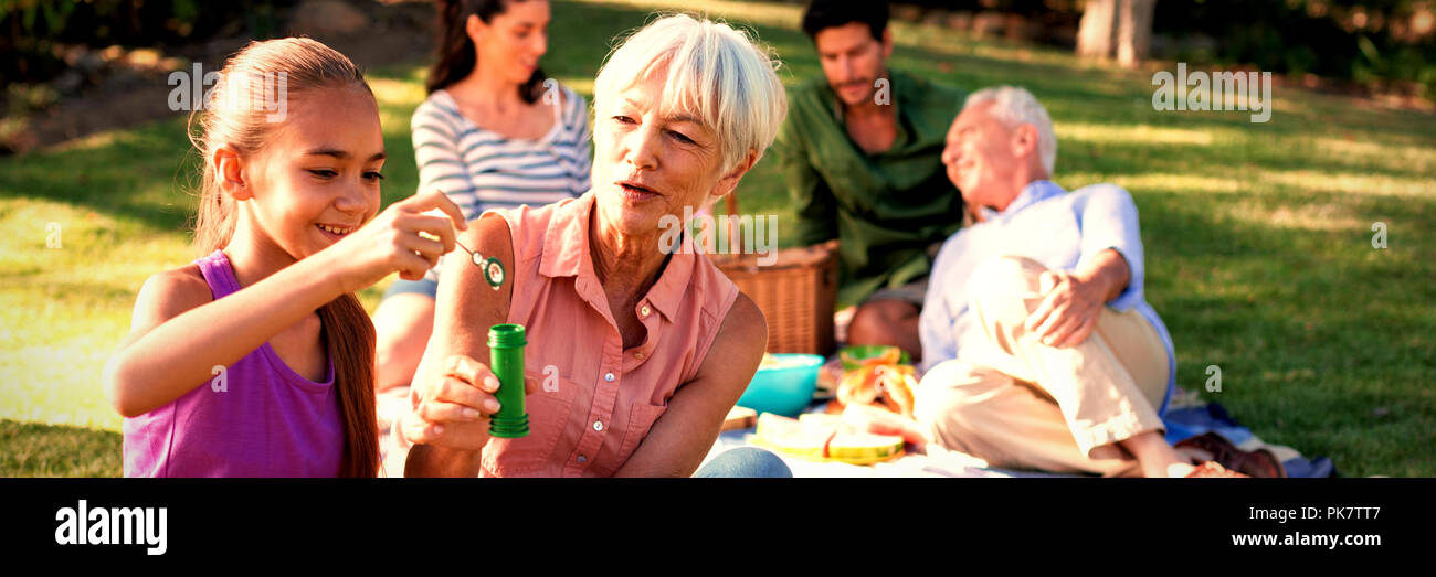Grand mother looking at her granddaughter blowing bubbles in the park Stock Photo