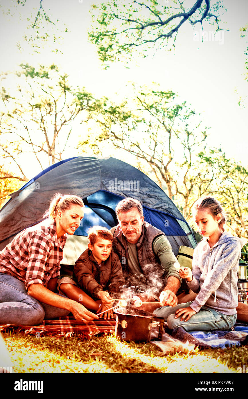Family roasting marshmallows outside the tent Stock Photo