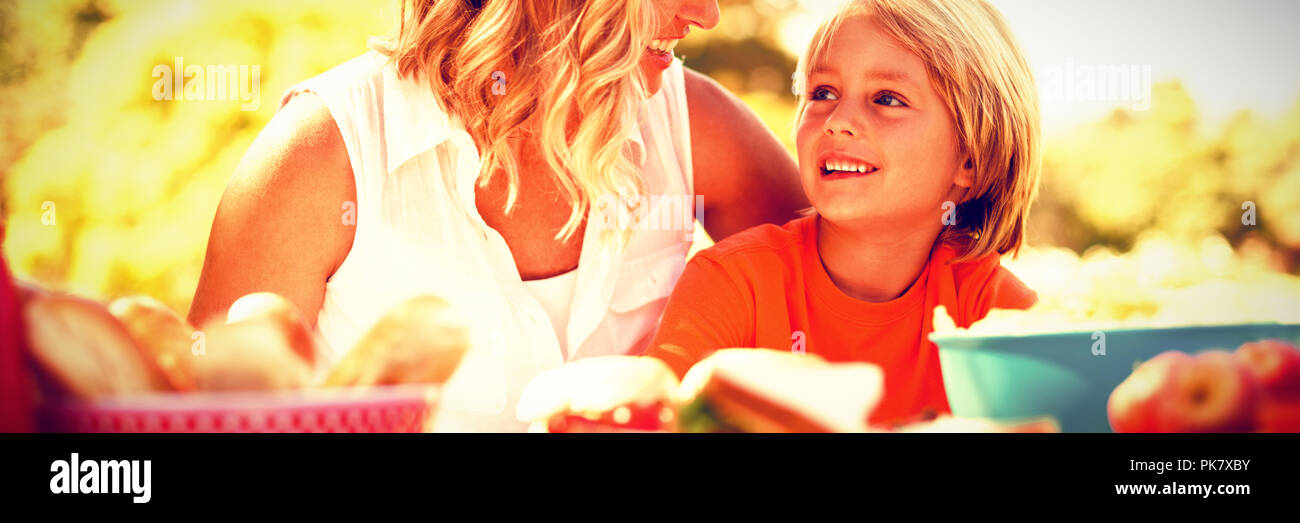 Mother and son interacting with each other while having meal in park Stock Photo