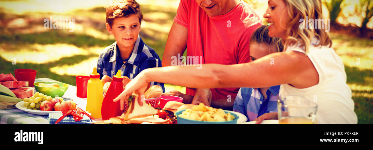 Happy family having meal in park Stock Photo