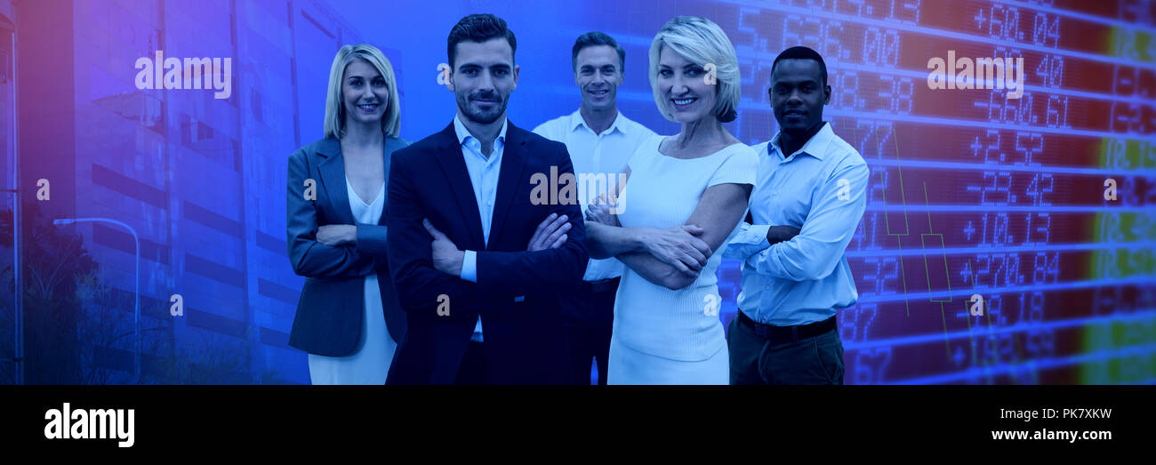 Composite image of confident business people with arms crossed standing over white background Stock Photo