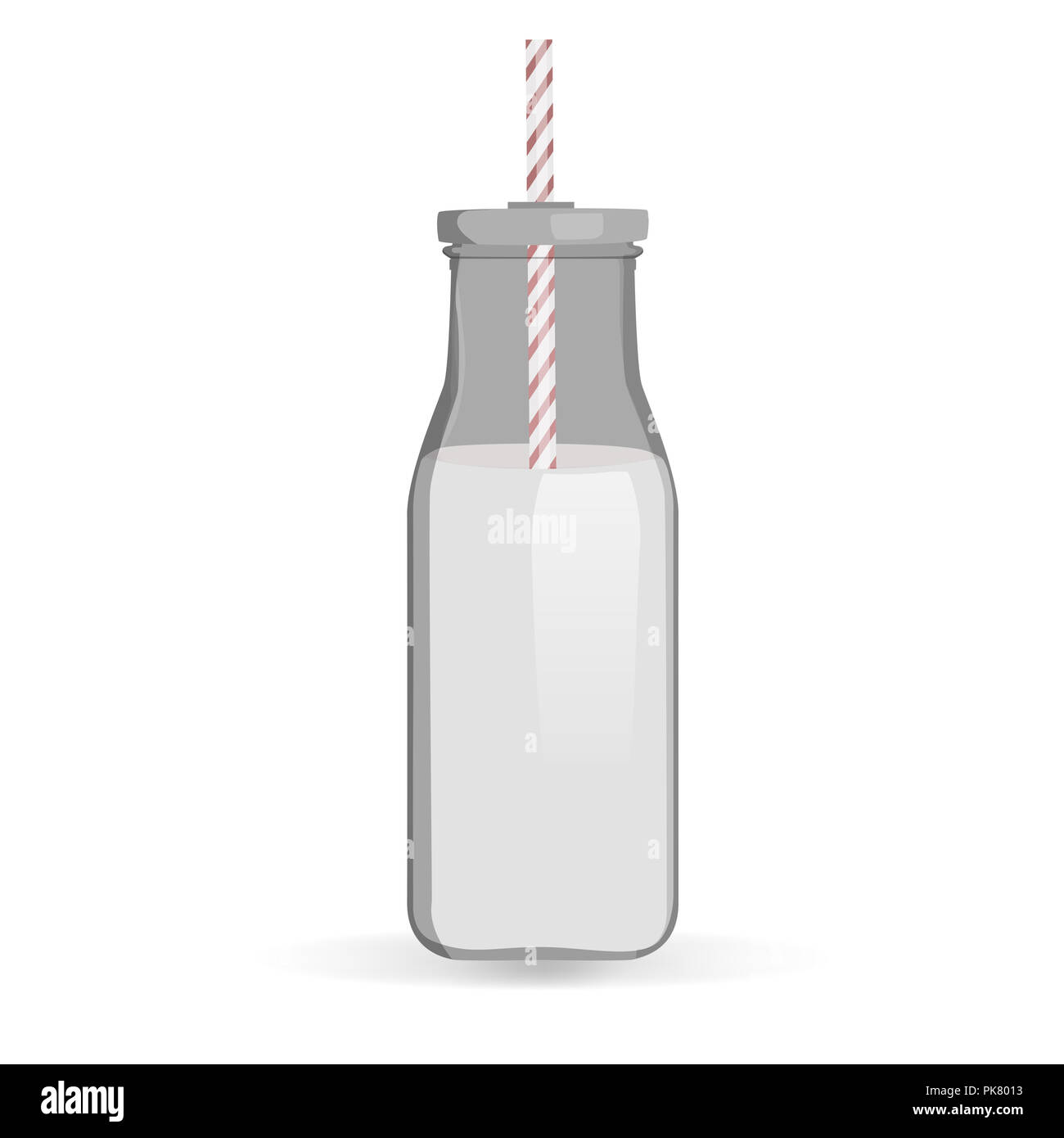 Milk bottle with straw isolated on white background. Glass milk bottle ...