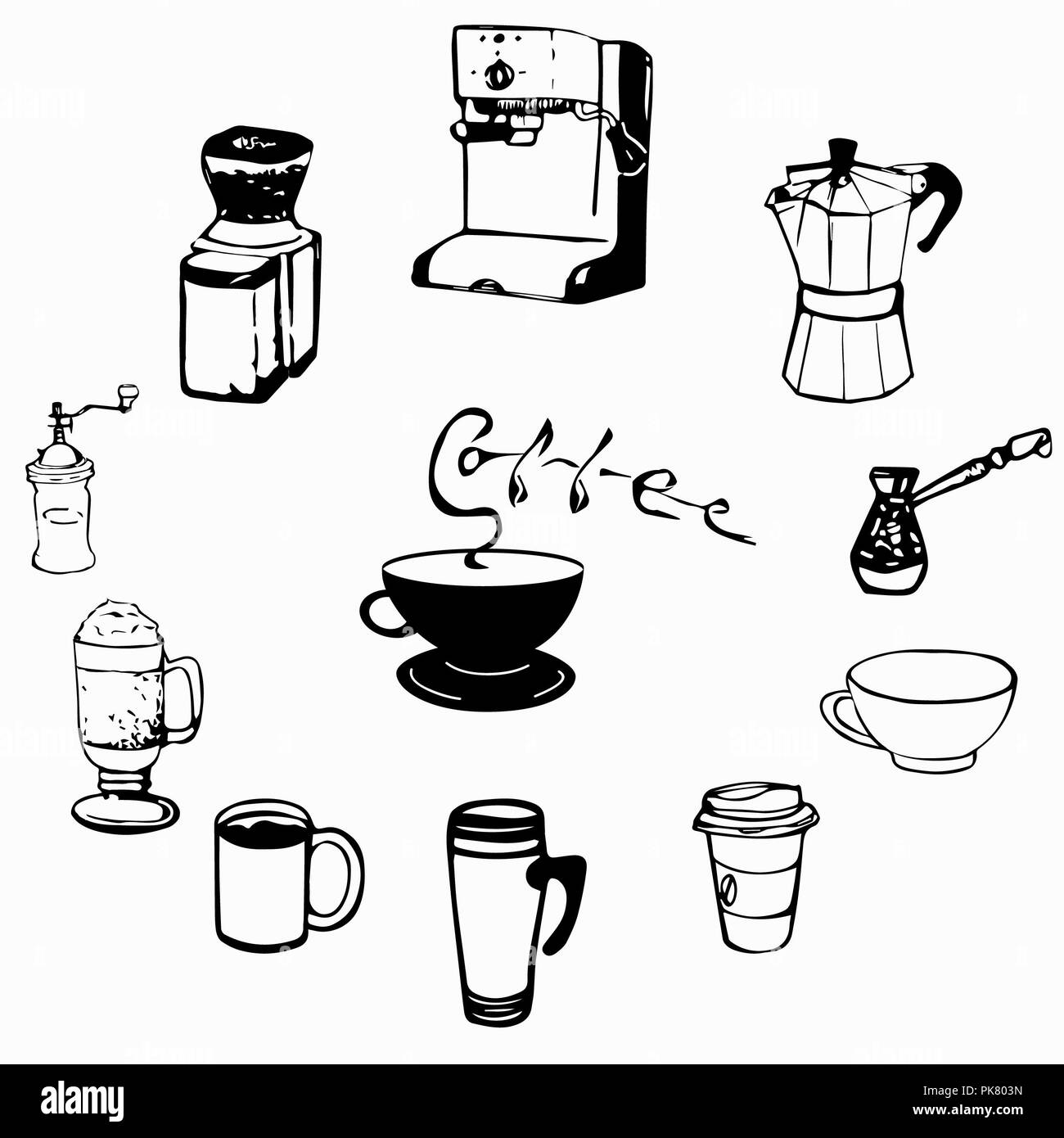 Hand drawn coffee equipment. Coffee mugs, glasses, machines hand drawn sketch. Stock Photo