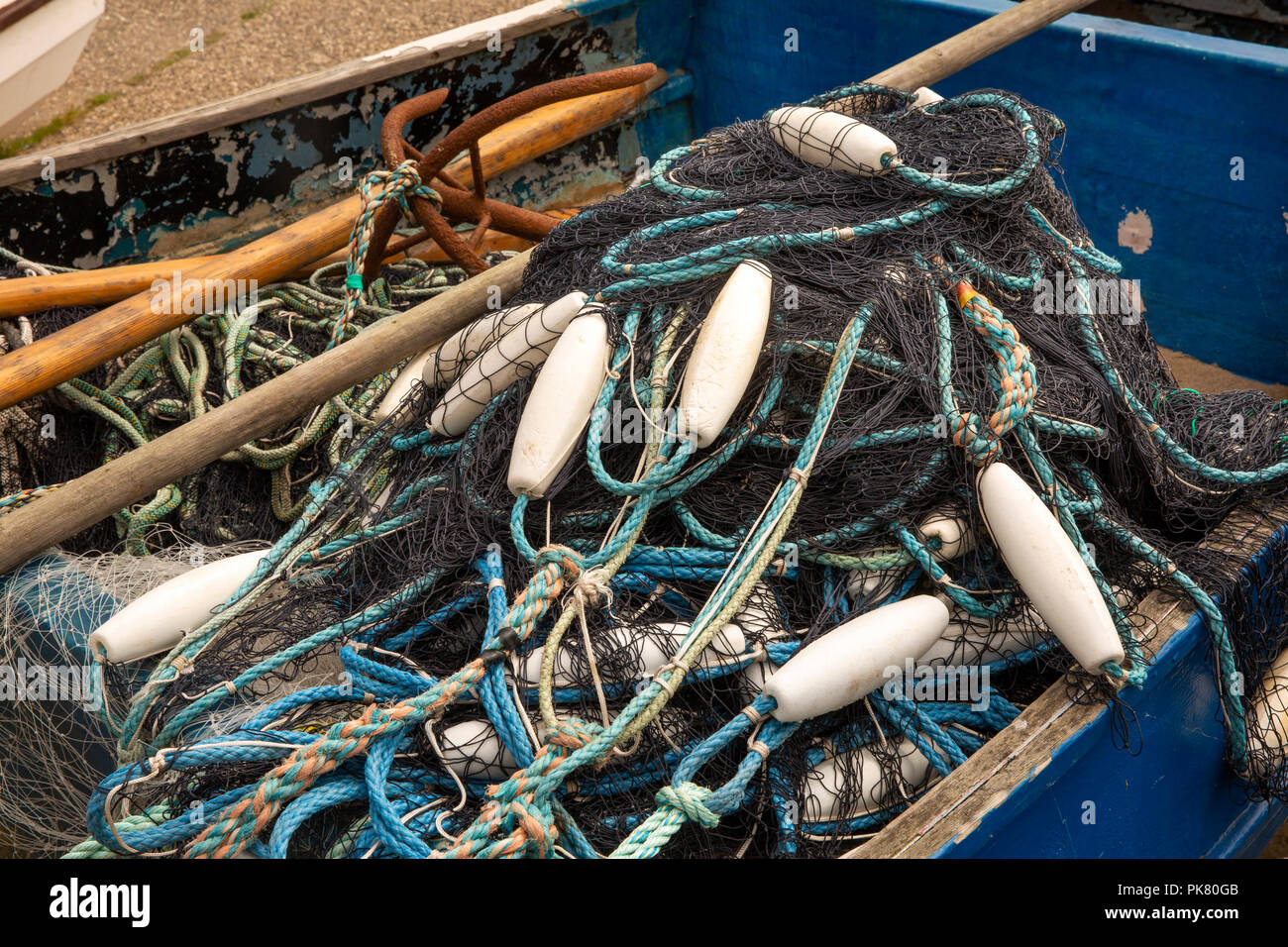 UK, England, Yorkshire, Filey, Coble Landing, fishermen’s nets and floats in fishing boat Stock Photo