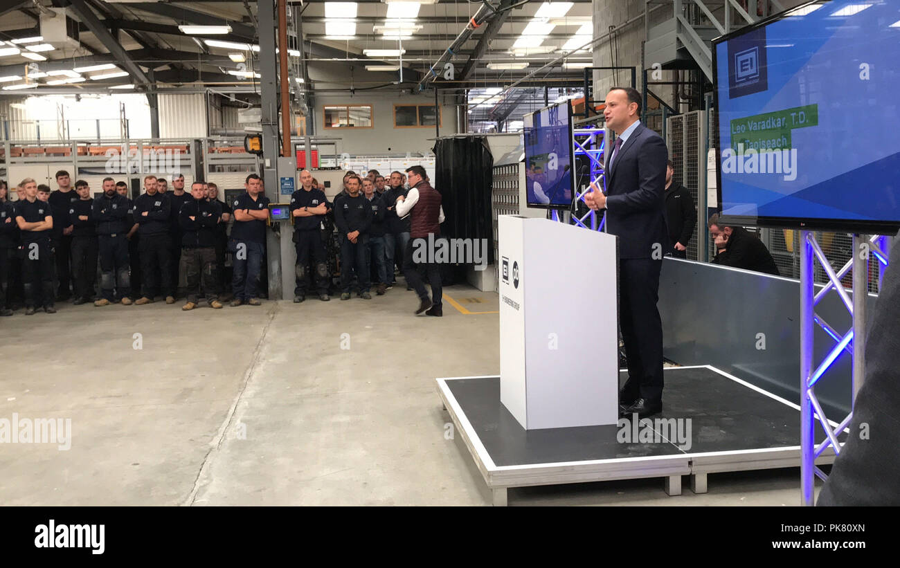 Taoiseach Leo Varadkar makes a speech during a visit to E+I Engineering in Burnfoot, Co Donegal. Stock Photo