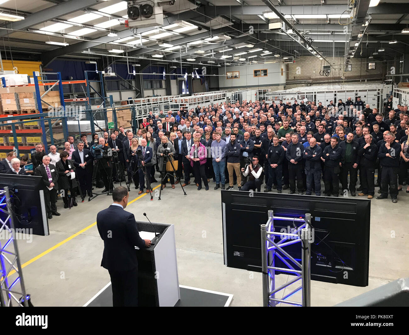 Taoiseach Leo Varadkar makes a speech during a visit to E+I Engineering in Burnfoot, Co Donegal. Stock Photo