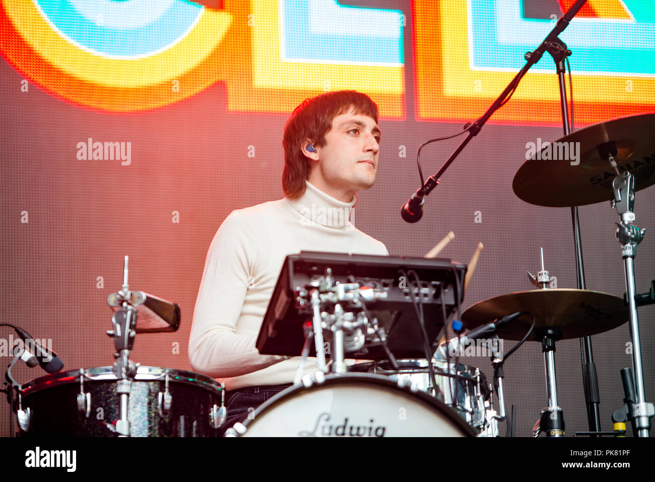 Norway, Bergen - June 16, 2018. The Australian band Parcels performs a live concert during the Norwegian music festival Bergenfest 2018 in Bergen. Here drummer Anatole Serret is seen live on stage. (Photo credit: Gonzales Photo - Jarle H. Moe). Stock Photo