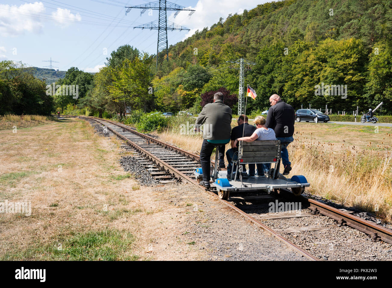 A draisine for tourists, Affoldern, Lake Edersee, Hesse, Germany, Europe Stock Photo