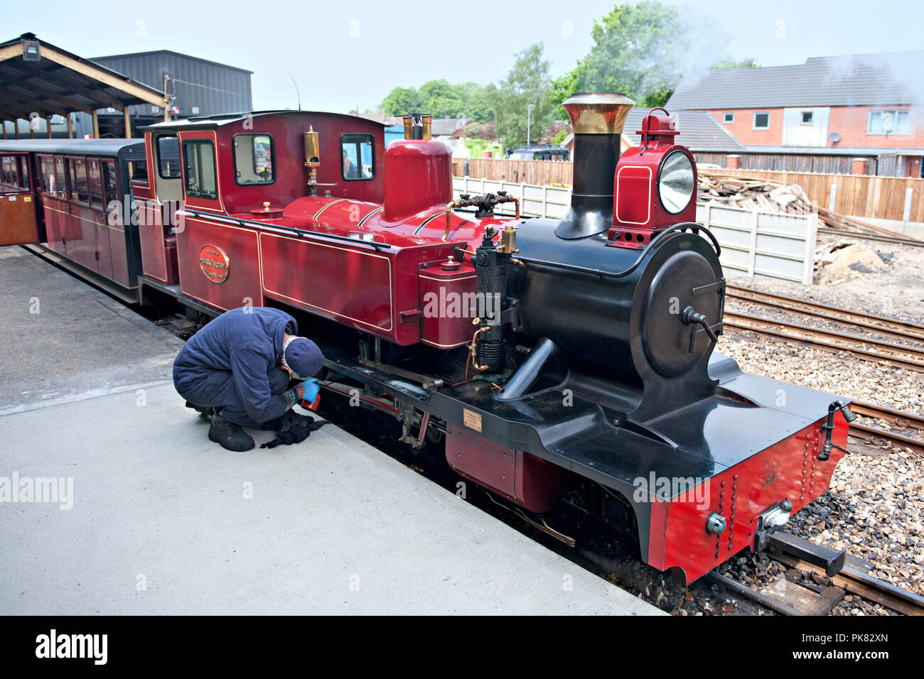 The 15 inch gauge steam locomotive 'Mark Timothy' at Hoveton & Wroxham station on the Bure Valley Railway in Norfolk, UK Stock Photo