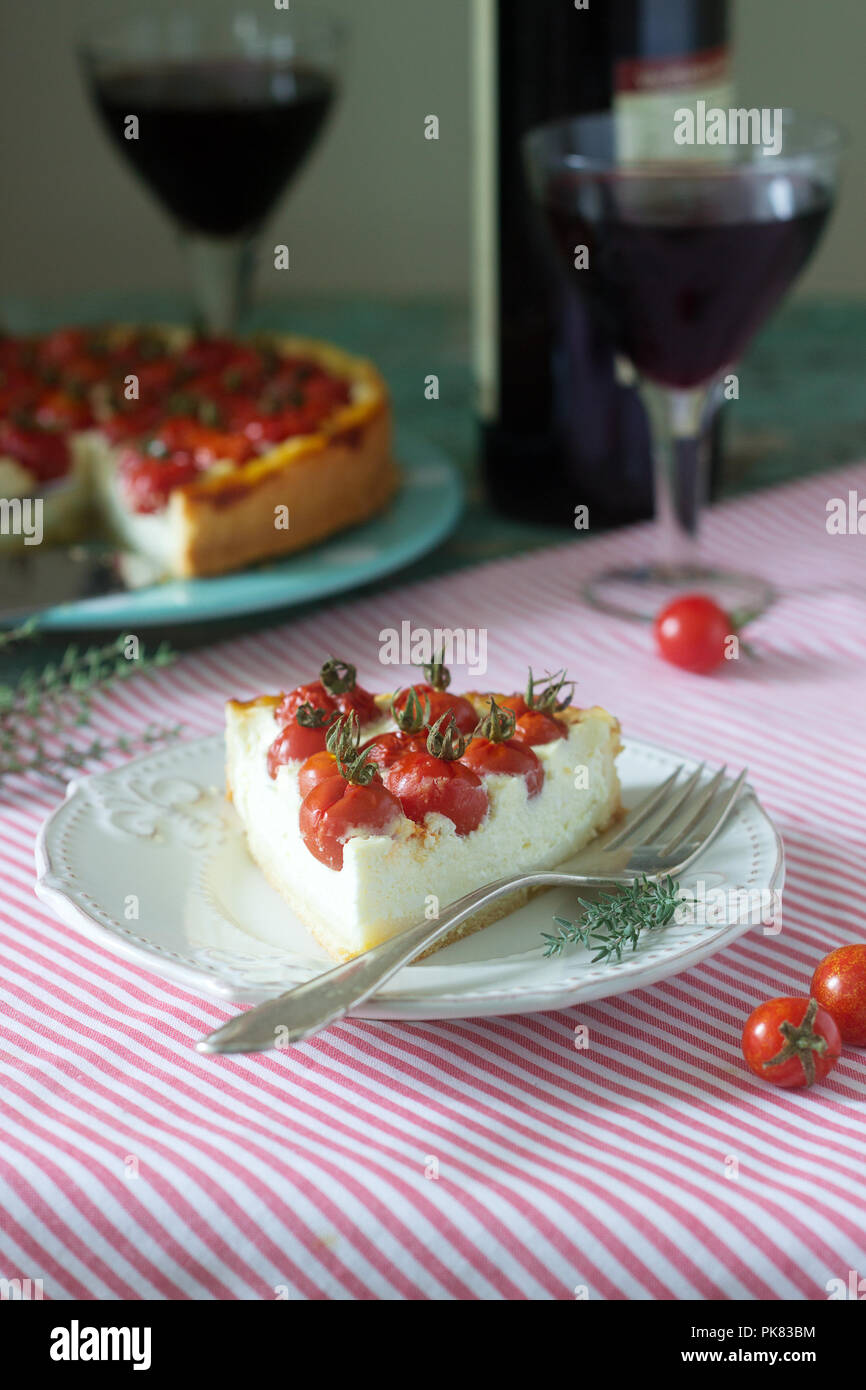 Tart Pie Or Cheesecake With Cottage Cheese And Tomatoes Served With Red Wine On A Wooden Background Selective Focus Stock Photo Alamy