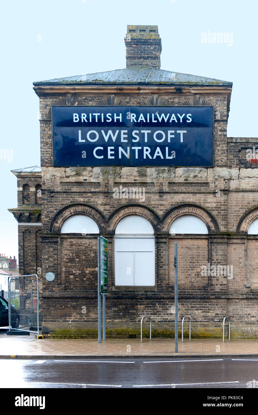 An unusual survivor of another age, an enamel British Railways (not British Rail) sign at Lowestoft Central Station. Now (2018) Lowestoft station. Stock Photo
