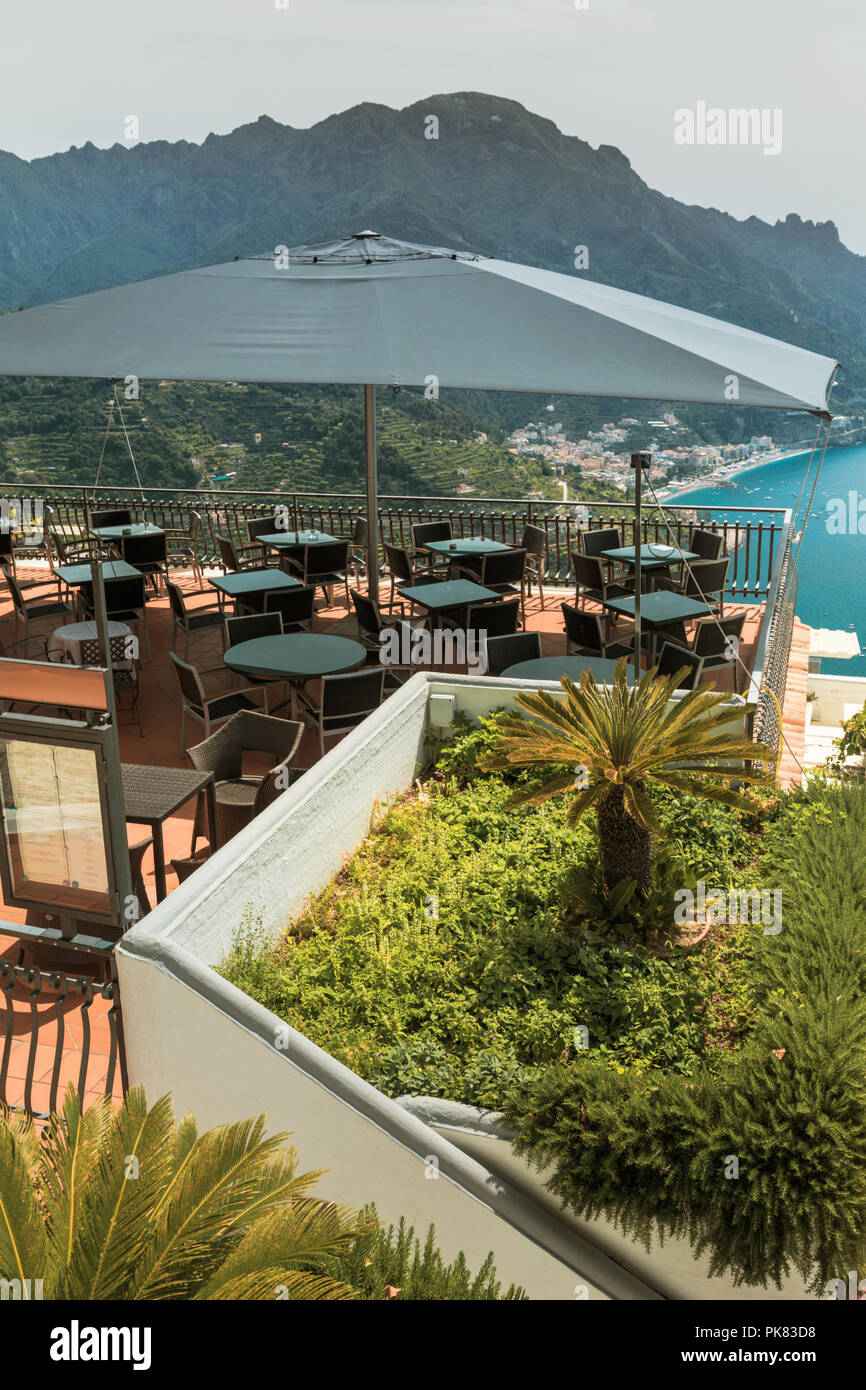 View from the terrace restaurant. Ravello, scenic view of the Amalfi Coast from Villa Rufolo. Italy. Stock Photo