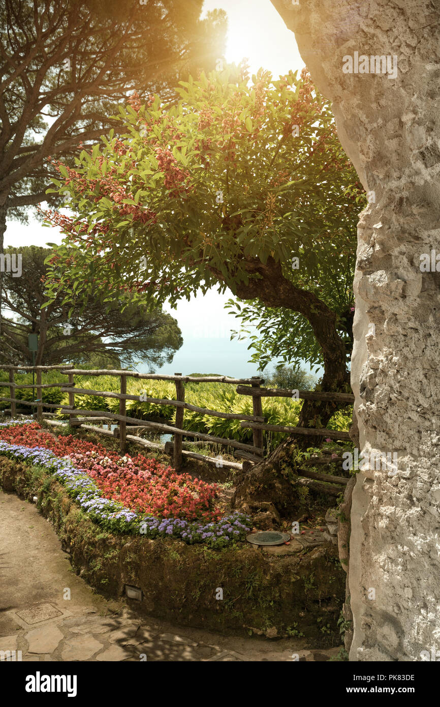 View to the garden at the villa in Ravello. Ravello, scenic view of the Amalfi Coast from Villa Rufolo. Italy. Stock Photo