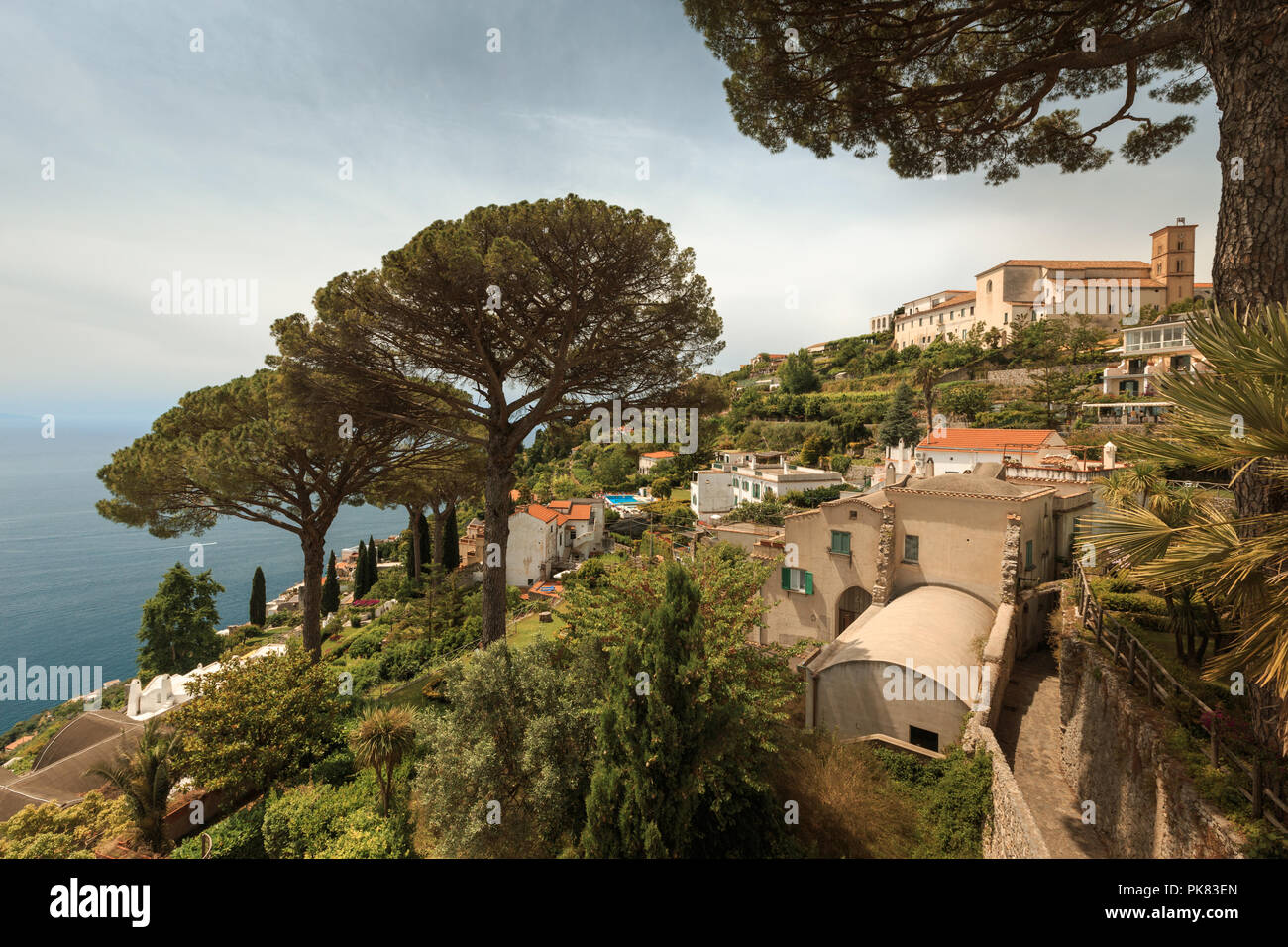 View to the garden at the villa in Ravello. Ravello, scenic view of the Amalfi Coast from Villa Rufolo. Italy. Stock Photo