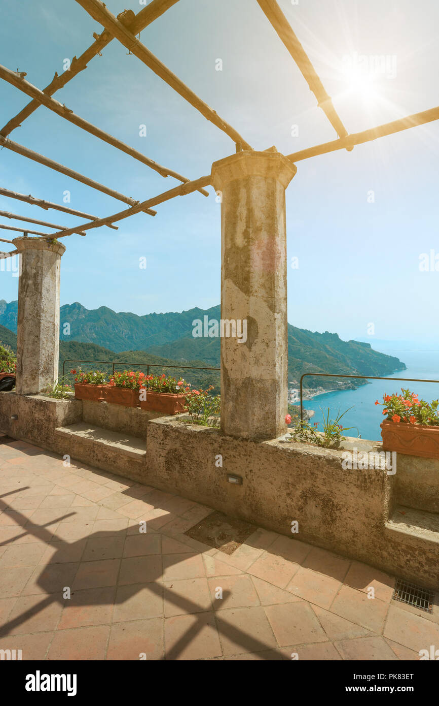 Pergola on the terrace. Mediterranean Sea. Ravello, scenic view of the Amalfi Coast from Villa Rufolo. Italy. Stock Photo