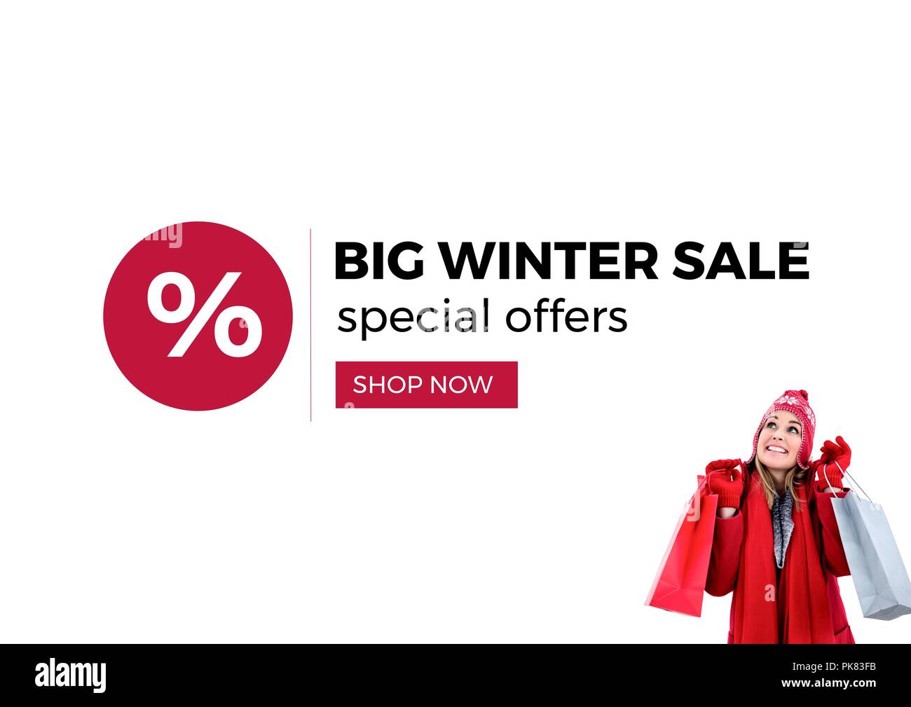 Winter Sale minimal style in red, black, white with picture of a woman Stock Photo