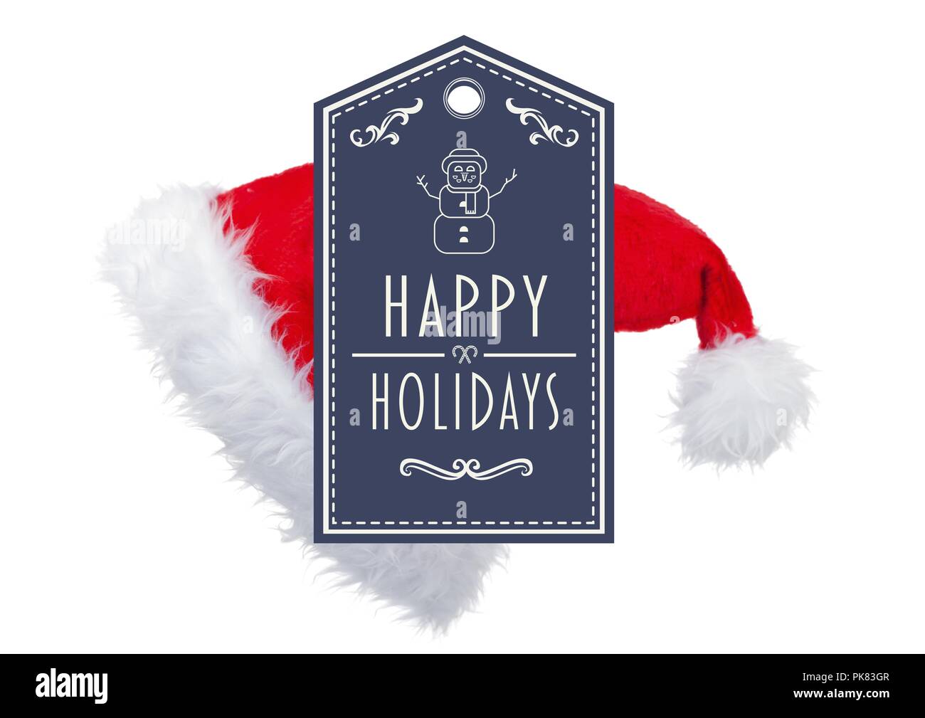 Happy Holidays text with Santa hat Stock Photo