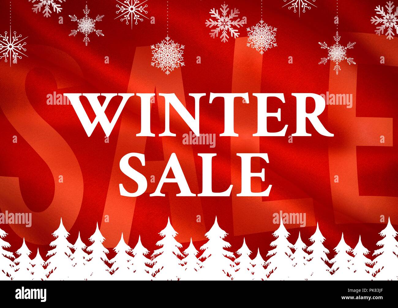 Winter Sale with red Sale in background besides textblock and white firs  and snowflakes Stock Photo - Alamy