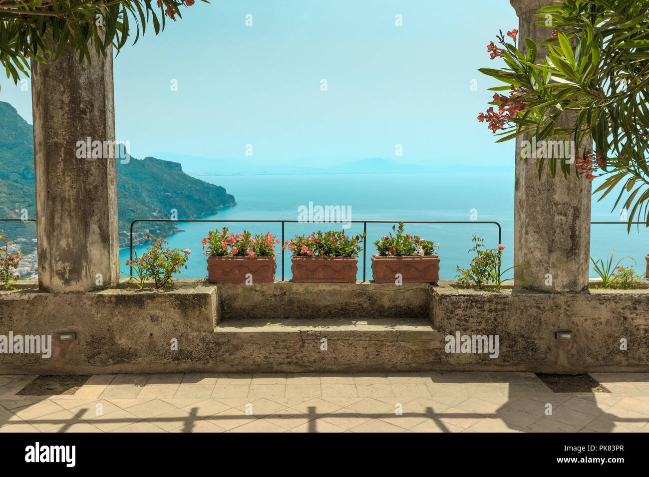 Pergola on the terrace. Mediterranean Sea. Ravello, scenic view of the Amalfi Coast from Villa Rufolo. Italy. Stock Photo