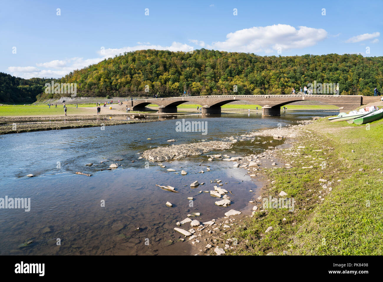 Old Aseler bridge, Lake Edersee at low tide, Hesse, Germany, Europe Stock Photo