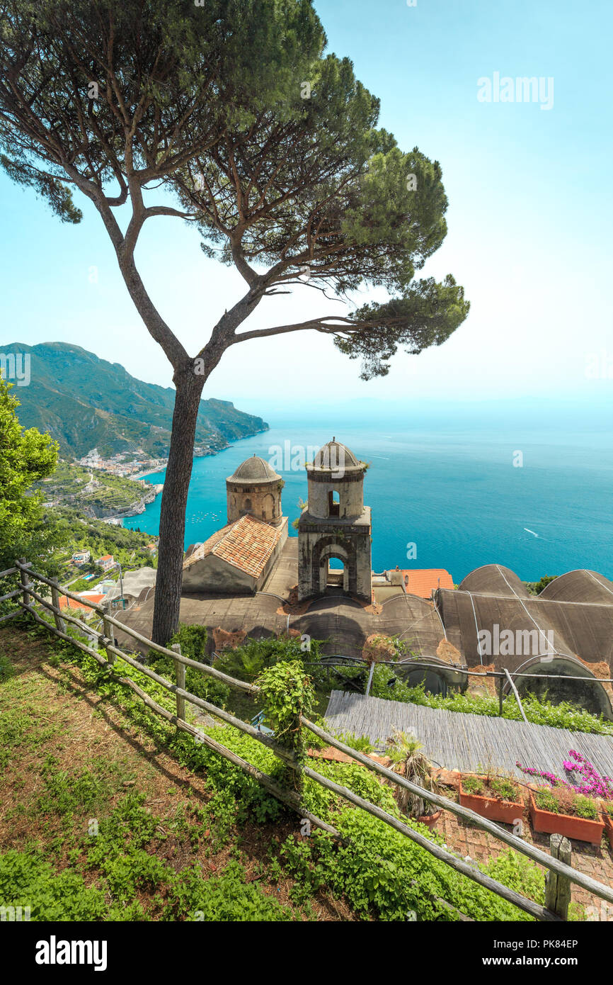 Wonderful garden terrace of Villa Rufolo, Ravello, Amalfi coast. Ravello, scenic view of the Amalfi Coast from Villa Rufolo. Italy. Stock Photo