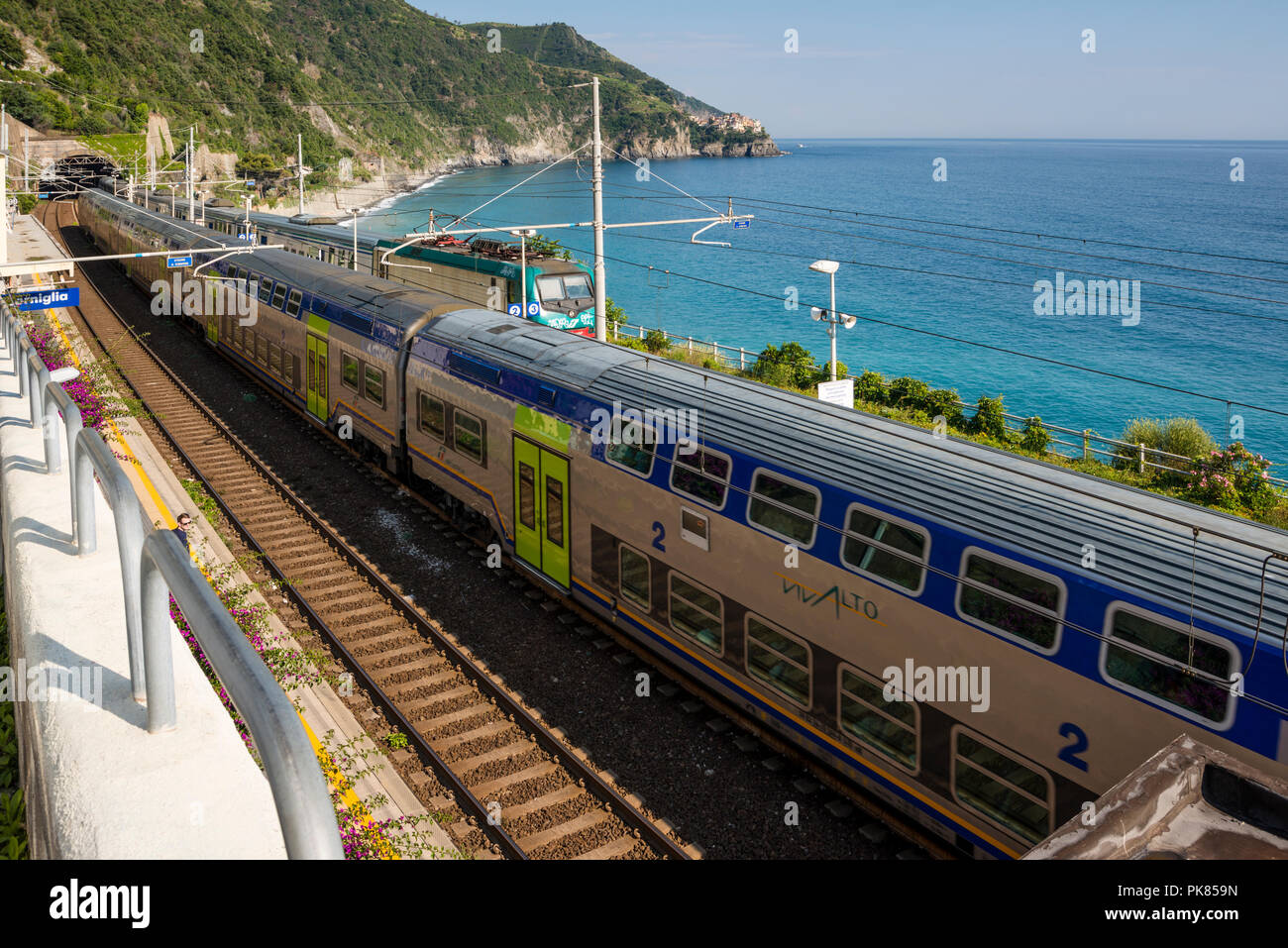 Corniglia Train Station.  Train service between La Spezia and Levanto.  The train is the easiest way to see Cinque Terre as they stop in all 5 village Stock Photo