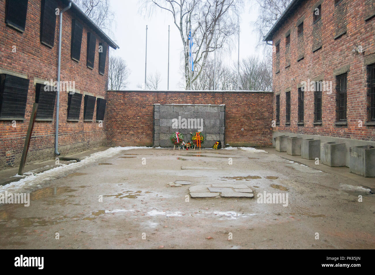 Auschwitz, Poland - February 16, 2018: The so called Death Wall, Auschwitz-Birkenau concentration camp Stock Photo