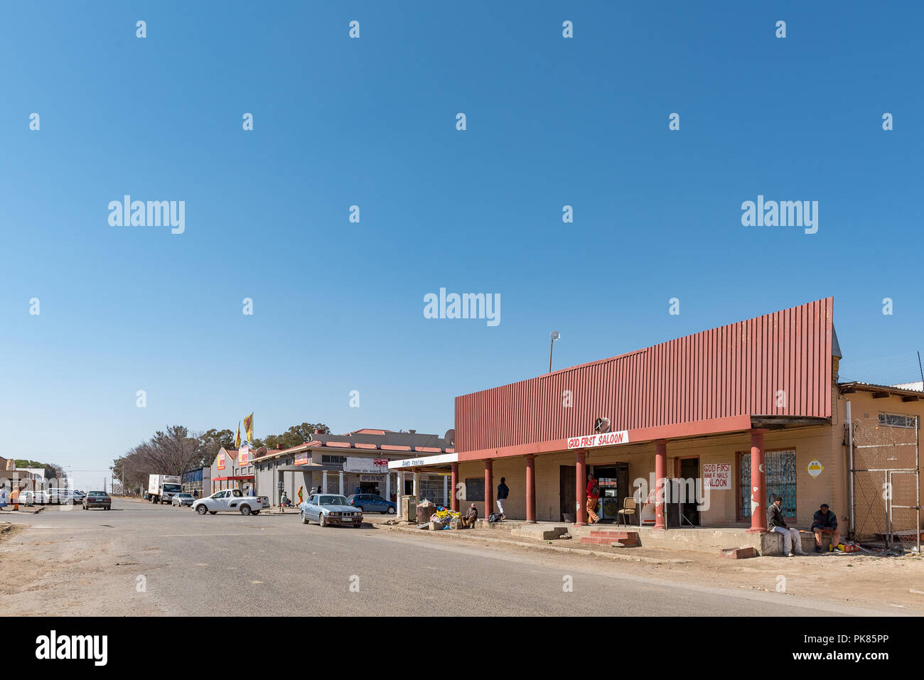 KOPPIES, SOUTH AFRICA, JULY 30, 2018: A street scene, with businesses, people and vehicles, in Koppies, a town in the Free State Province of South Afr Stock Photo