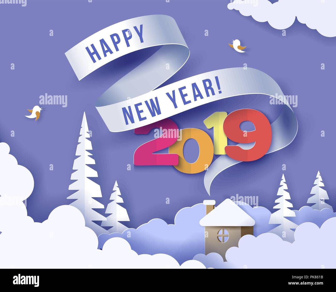 https://c8.alamy.com/comp/PK861B/color-paper-cut-design-and-craft-winter-landscape-with-evergreen-tree-house-with-smoke-from-chimney-stars-and-clouds-holiday-nature-and-christmas-tree-vector-illustration-merry-christmas-card-PK861B.jpg