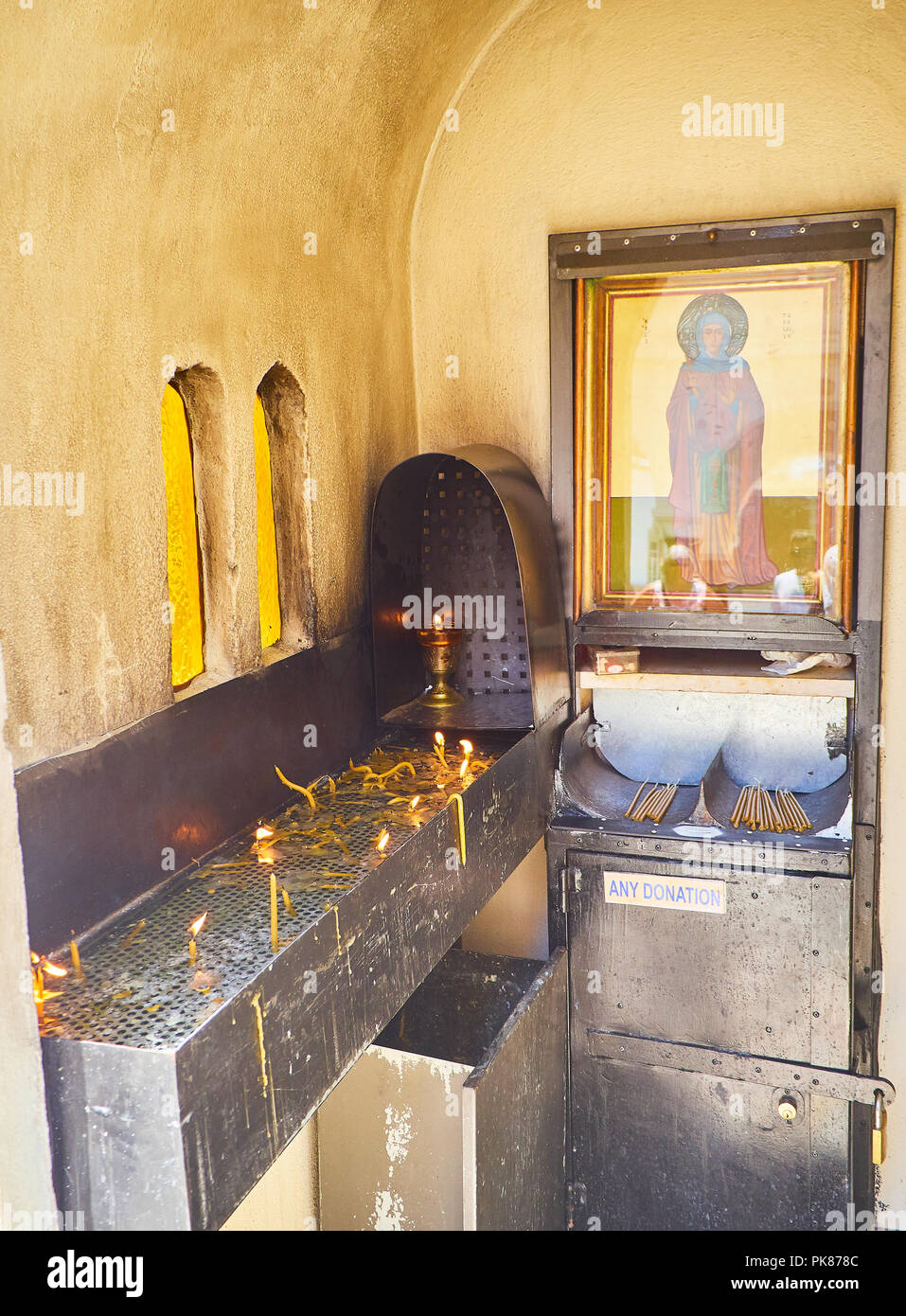 Small Greek orthodox chapel shrine at a street of Kos, South Aegean region, Greece. Stock Photo