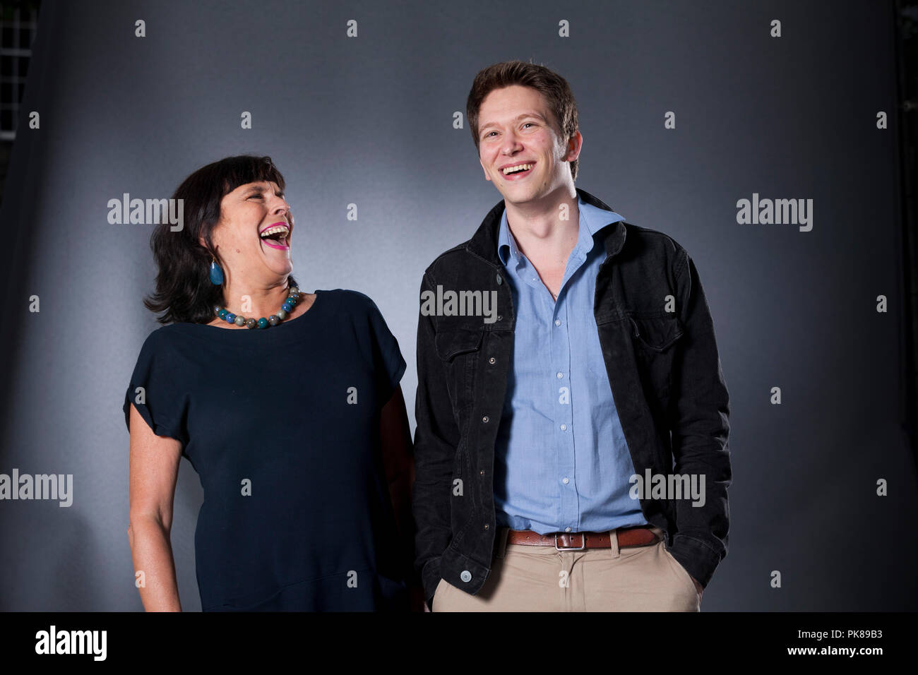 Professor Patricia Waugh (left), Professor of English Literature and John Foxwell, PhD student from the Department of English and Hearing the Voice project at Durham University. Pictured at the Edinburgh International Book Festival. Edinburgh, Scotland.  Picture by Gary Doak / Alamy Stock Photo