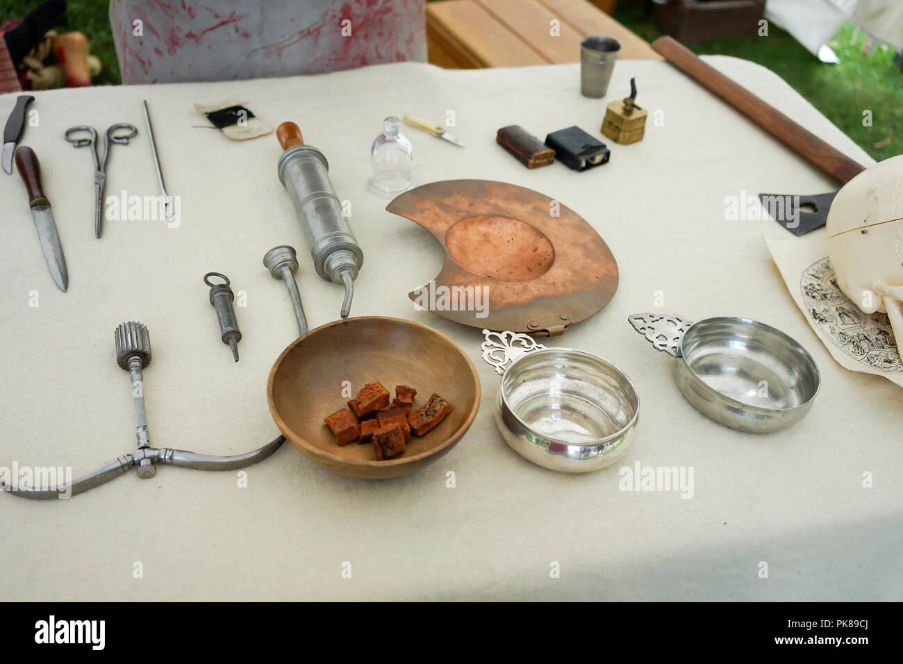 19th century medical instruments on display at 1812 Surgeon demonstration Stock Photo