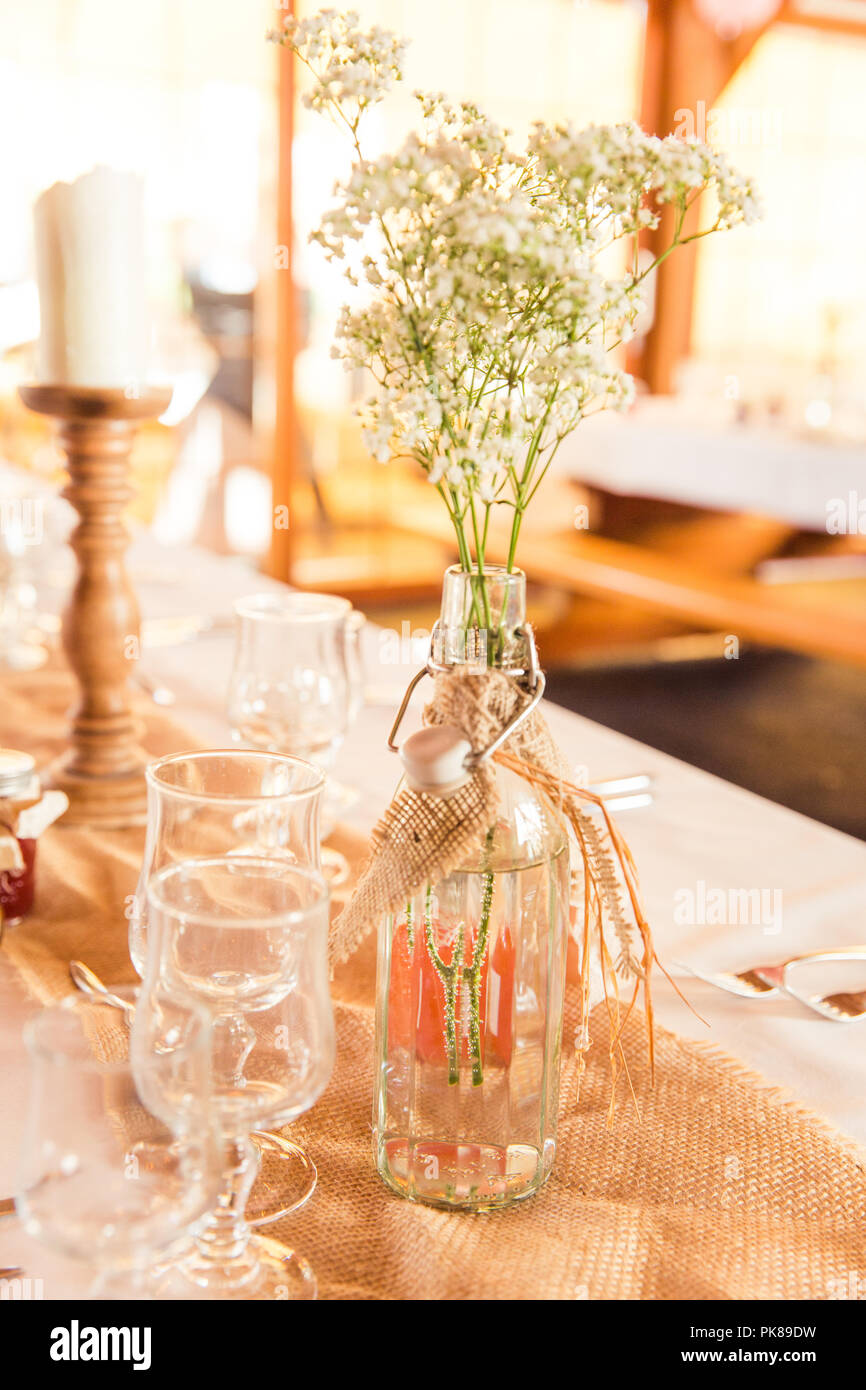 Shabby Chic Rustic Wedding Table Burlap And Gypsophila Decoration