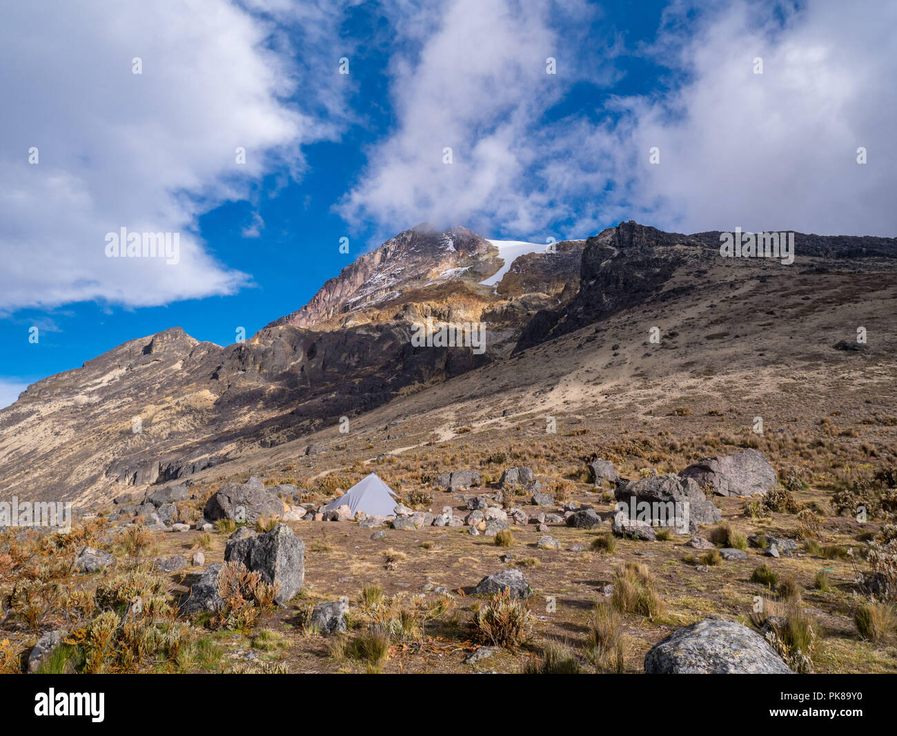 Trekking trip to summit of Nevado del Tolima Los Nevados National Park, basecamp, Colombia Stock Photo