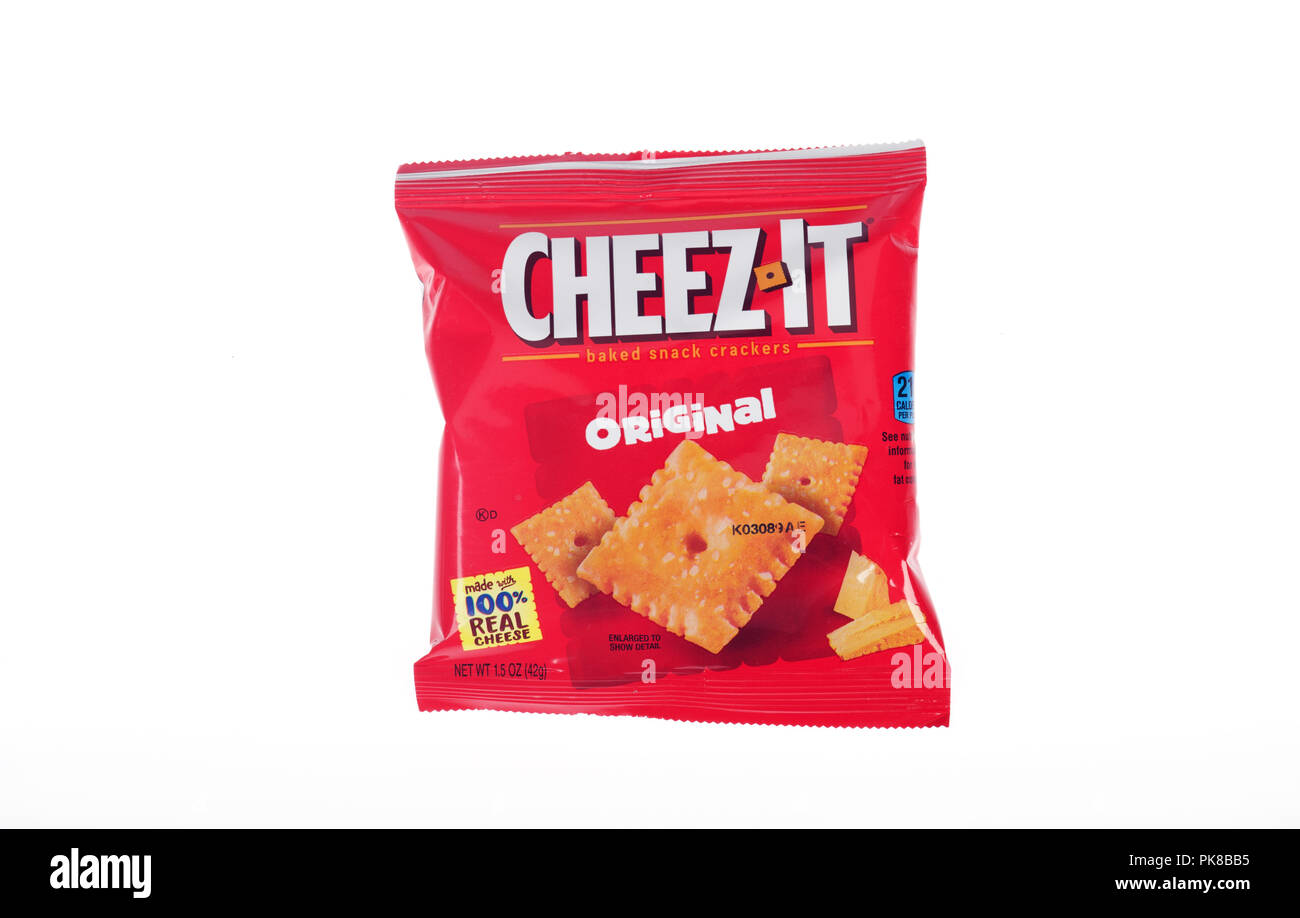 Bag of Cheez It cheese snack crackers on white Stock Photo