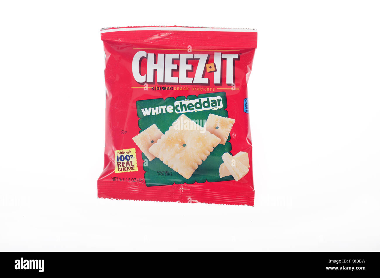 Bag of Cheez-It white cheddar cheese snack crackers on white Stock Photo