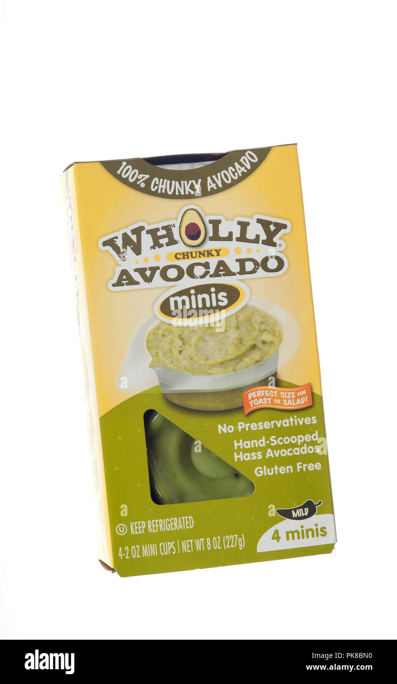 Box of Wholly Avocado Chunky Mild cups in a 4 pack Stock Photo