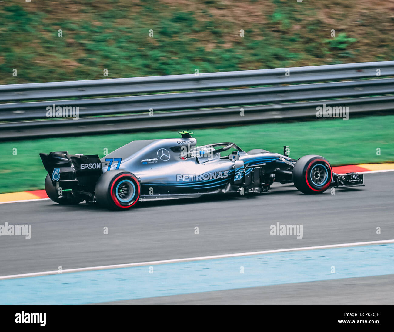 Bottas in his Silver Arrow Mercedes AMG at the Belgian Grand Prix, moving from 17th to 4th on the day. Stock Photo