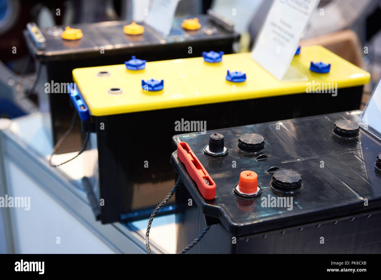 Starter and traction batteries in store Stock Photo