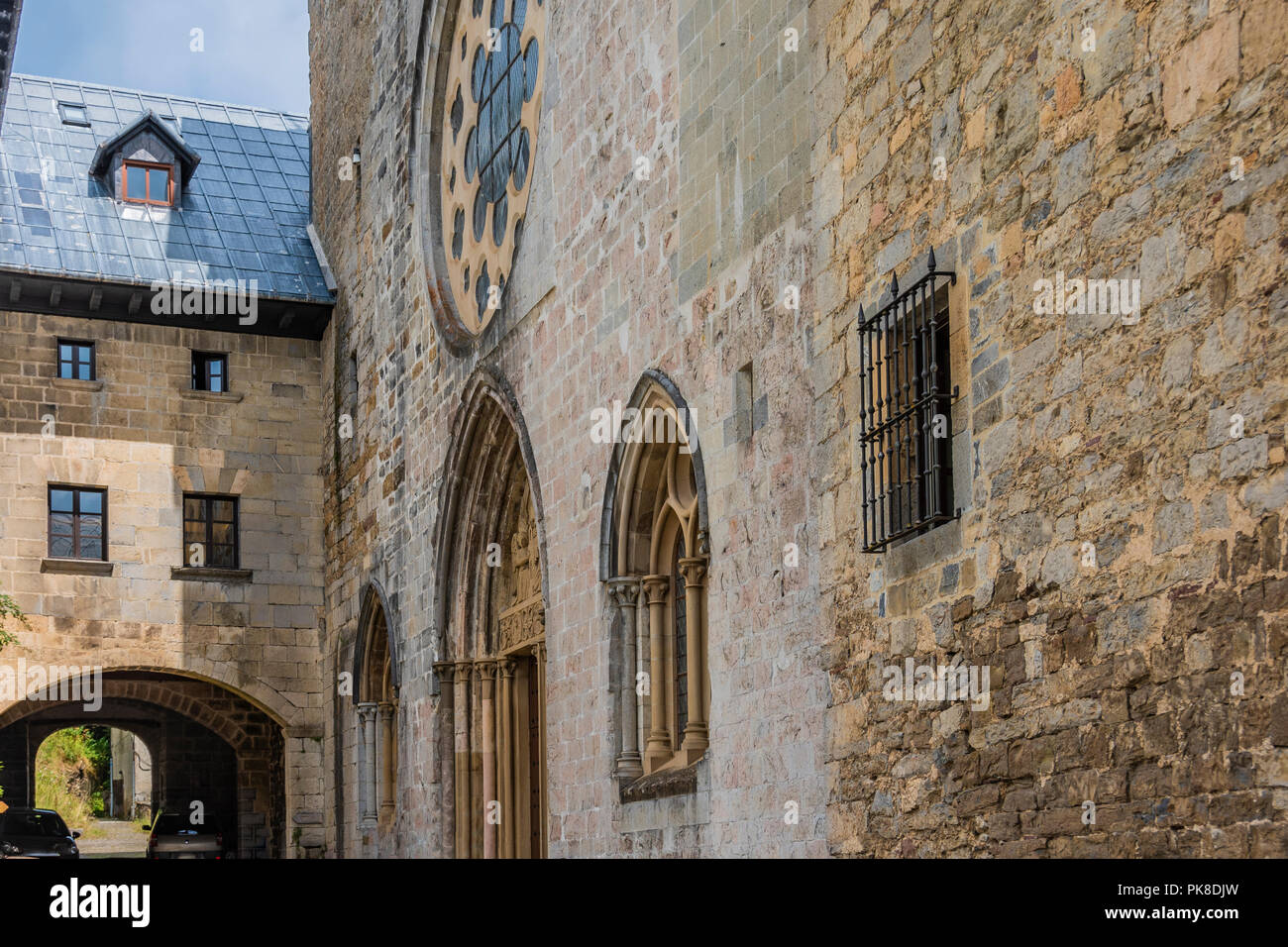 Entrance and Facade of the collegiate Church of Roncesvalles. Navarre Spain Stock Photo