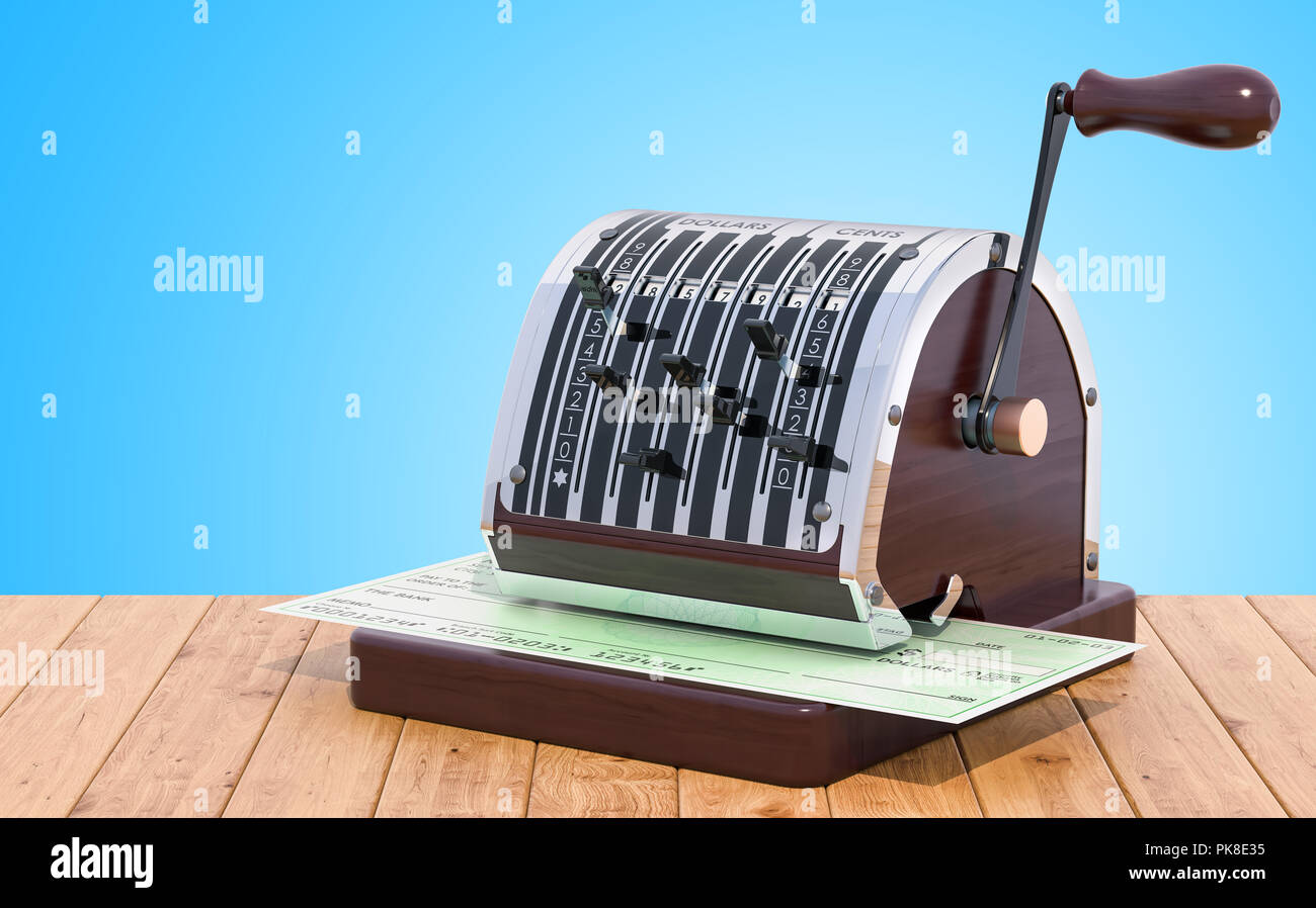 Old check writer with bank check on the wooden table. 3D rendering