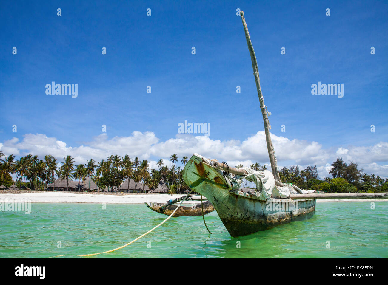 Traditional boat, made of mango tree, in Galu - Kinondo beach, Kenya Stock Photo