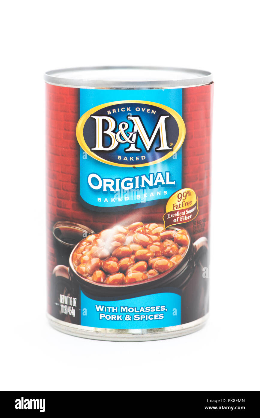 A can of B&M original brick oven baked beans with molasses, pork and spices. Stock Photo