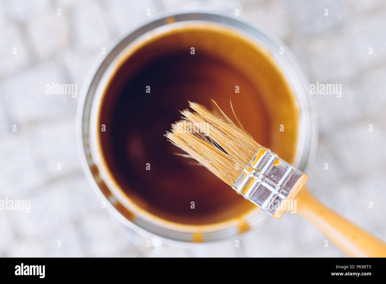 Paint brush on the can. Top view. House renovation, home improvement concept Stock Photo