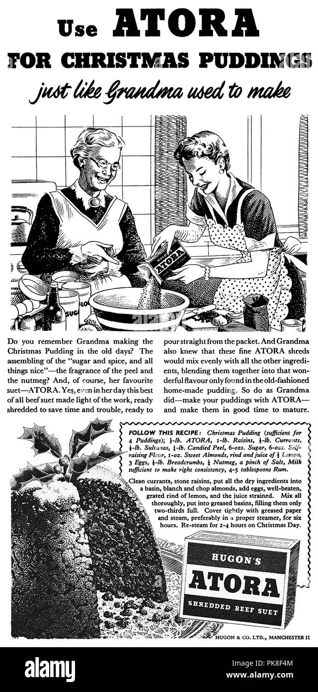 1955 British advertisement for Hugon's Atora shredded beef suet for Christmas puddings. Stock Photo