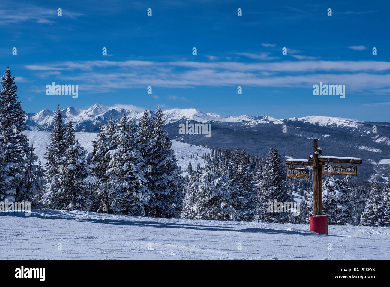 Junction of the Star and Grand Review ski trails, winter, Blue Sky